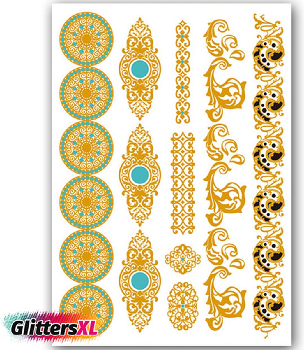 GlittersXL - Temporary Tattoo Goud/Gold (11x6cm) [Neptattoo Ibiza Turquoise - Tijdelijke tatoeage - Nep Fake Tattoos - Water overdraagbare festival sticker henna outfit tattoo - Glitter tattoo - Volwassenen Kinderen Jongen Meisje]